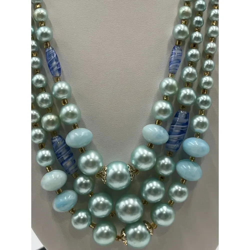 Japan Triple Strand‎ Teal Blue Beaded Necklace Graduated Beads Hook Closure